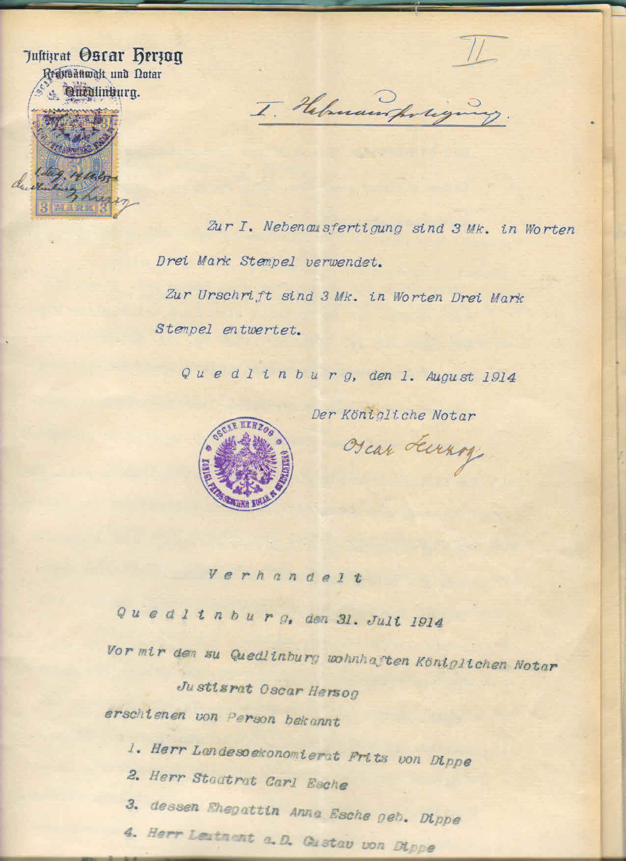 Dippe.Notarurkunde Dippe Esche.1914.S.1