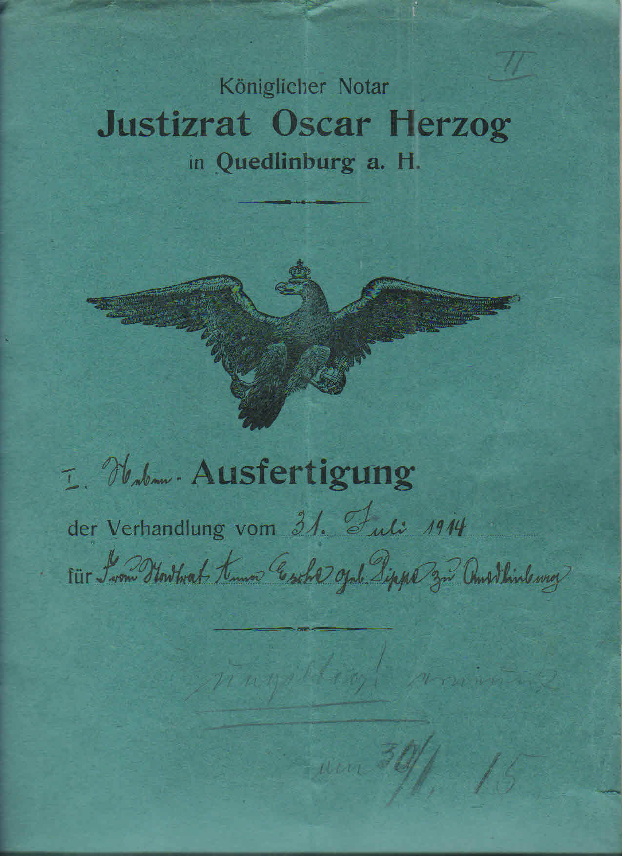 Dippe.Notarurkunde Dippe Esche.1914.Titel